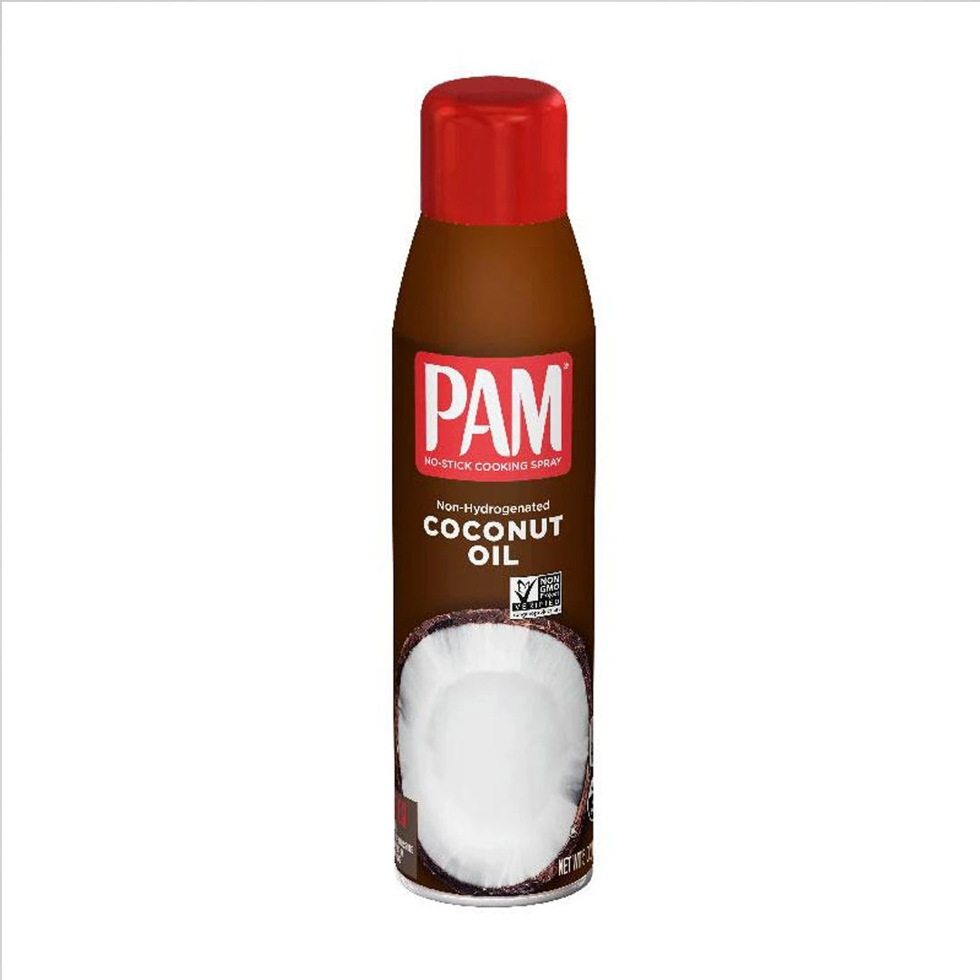 Pam Cooking Spray 141 g med smak av kokosnötsolja, förpackad i en brun sprayflaska med rött lock.
