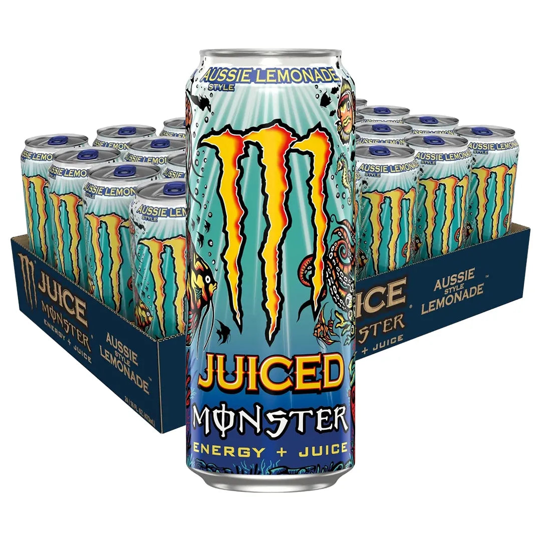 24 x Monster Energy 500 ml Aussie Lemonade i ett mörkblått flak med matchande ljusblå burkar med havsmotiv.