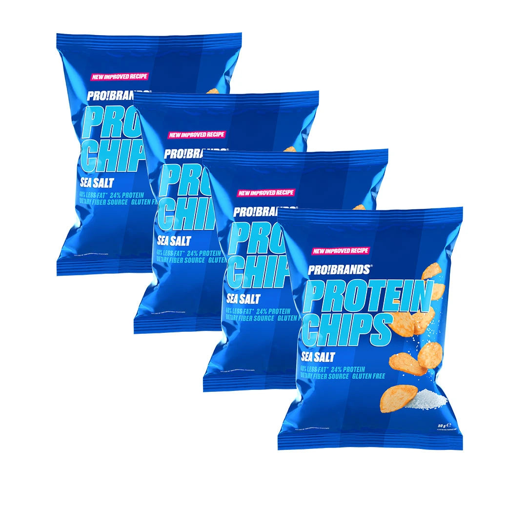 4 x Pro Brands Protein Chips 50 g bestående av fyra blå påsar i smaken Sea Salt., bild 1 av 1