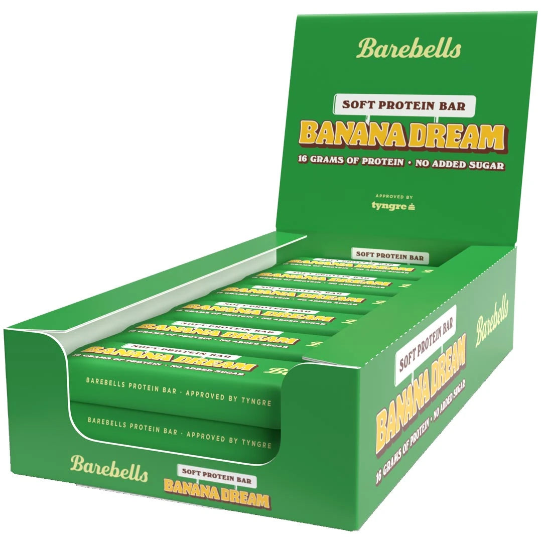 12 x Barebells Soft Bar 55 g Banana Dream förpackade i en grön displaykartong.