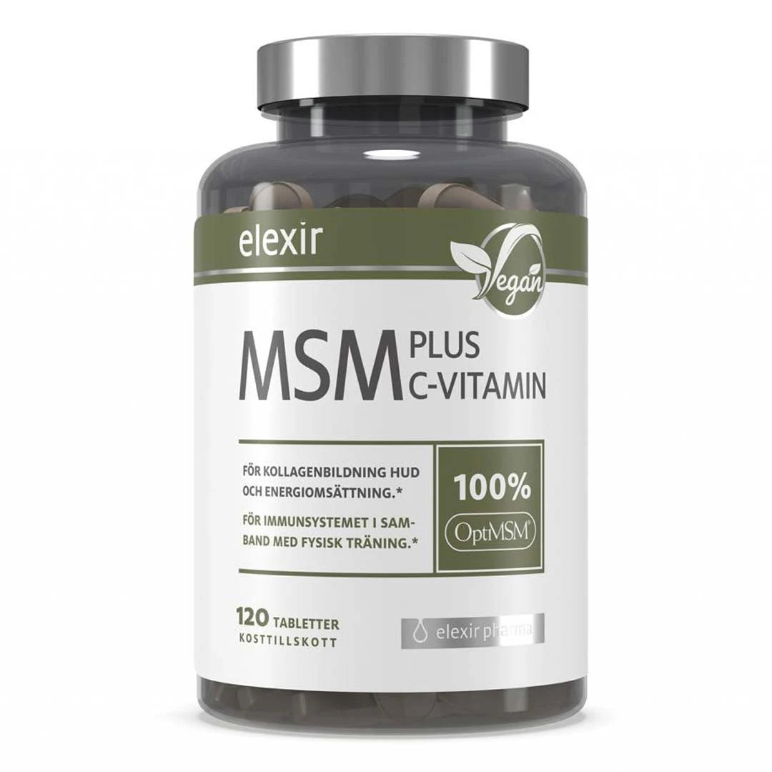 Elexir Pharma MSM + C Vitamin 120 tabs i en transparent burk med vit etikett, gröna detaljer och silverfärgat lock.