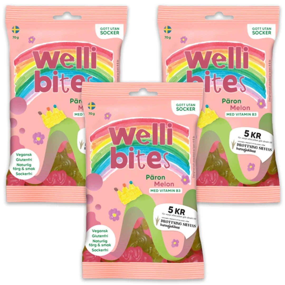 3 x Wellibites Candy 70 g Päron & Melon i tre rosa godispåsar dekorerade med en färgstark regnbåge.