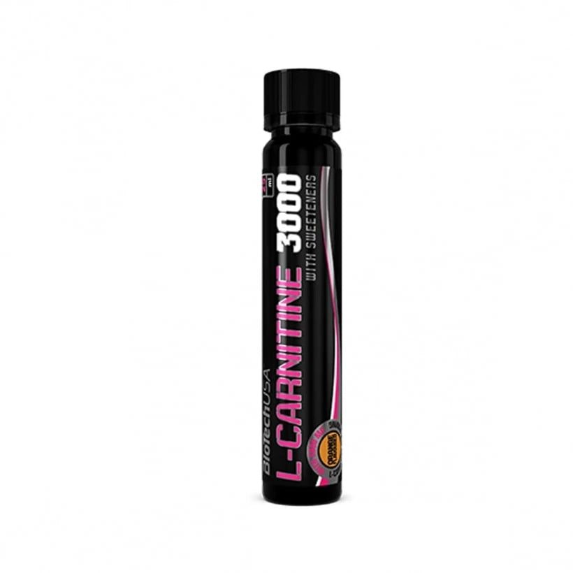 BioTechUSA L-Carnitine 3000 25 ml aminosyrashot i en svart plastampull med rosa detaljer och apelsinsmak.