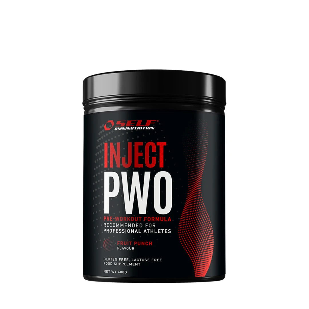 Self Omninutrition Inject 400 g PWO-pulver i en svart burk med röda detaljer och smaken Fruit Punch.