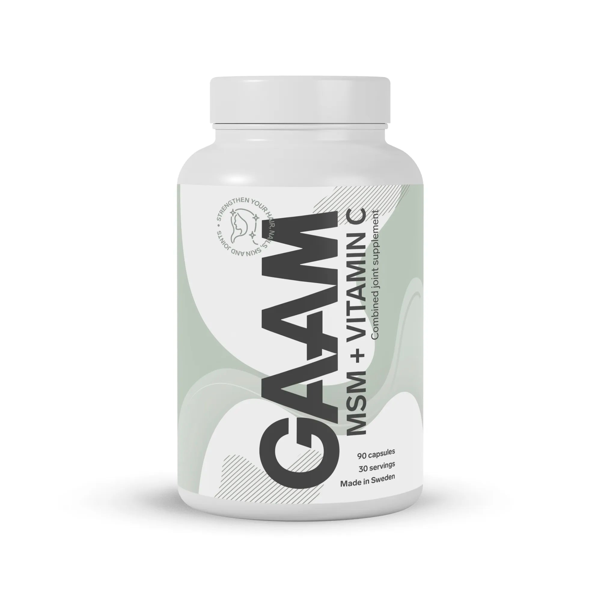 GAAM MSM + Vitamin C 90 caps kosttillskott för leder i en vit plastburk med ljusgröna grafiska detaljer.