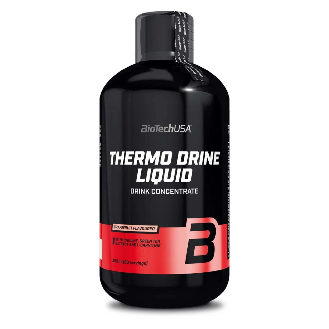 BioTechUSA Thermo Drine Liquid 500 ml fettförbrännare i en svart flaska med röda detaljer för smaken grapefrukt.