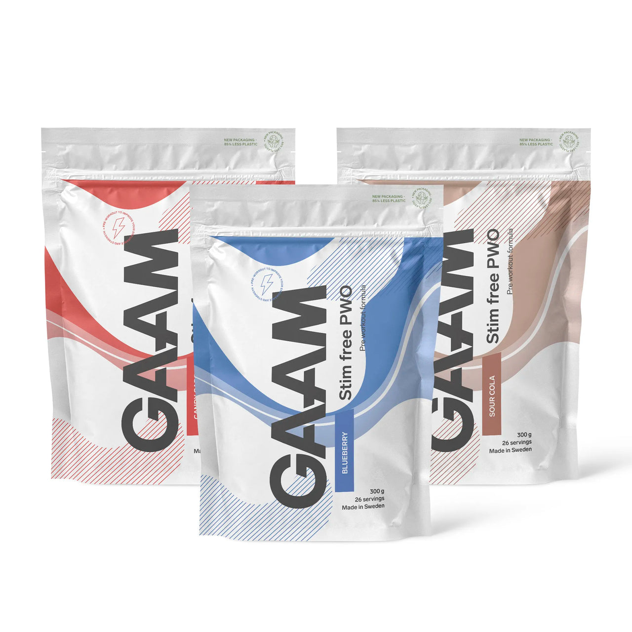 3 x GAAM Stim Free PWO 300 g i tre vita påsar med blå, röda och bruna detaljer för olika smaker.
