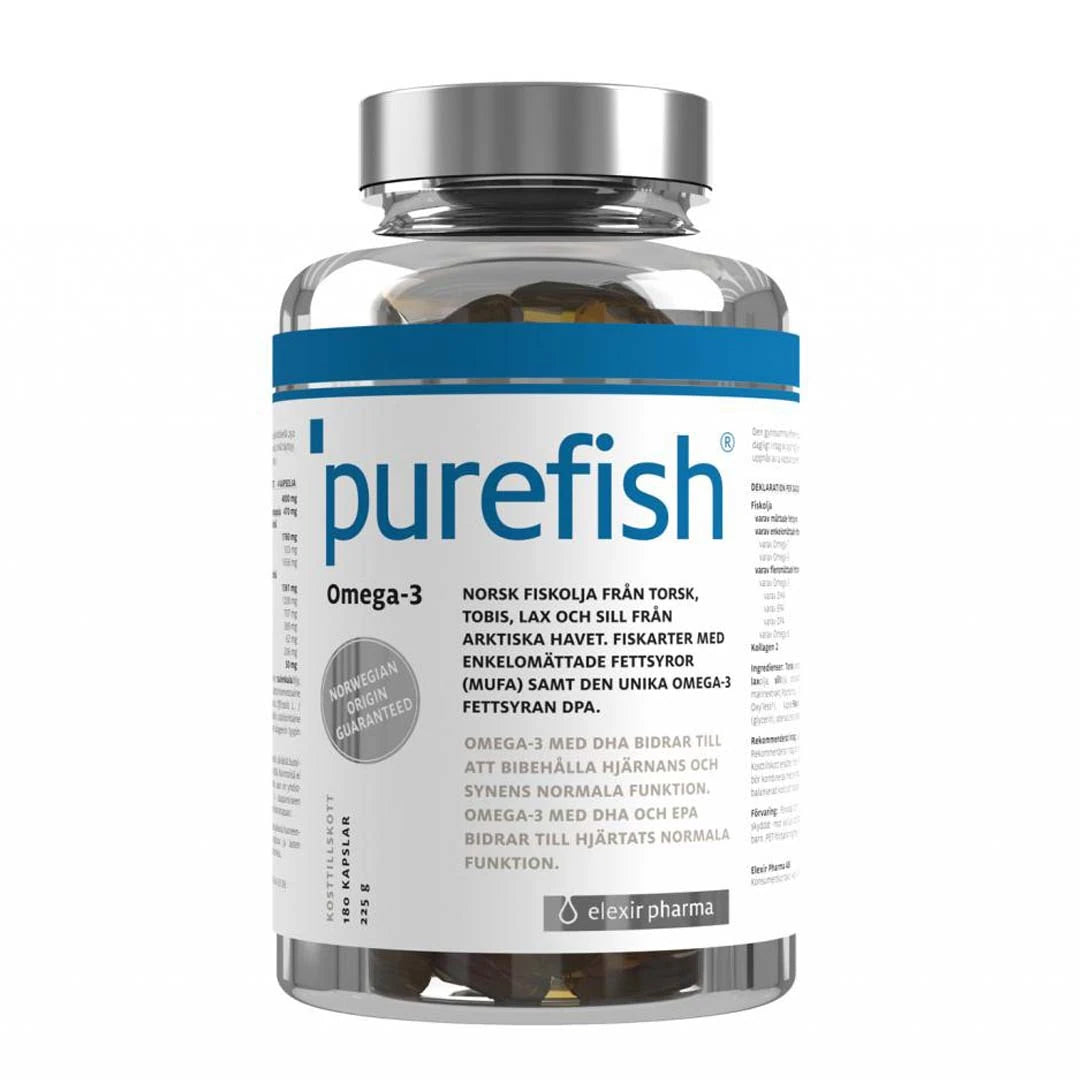 Elexir Pharma Pure Fish 180 caps i en transparent burk med silverlock, vit-blå etikett och gyllene omega-3-kapslar.