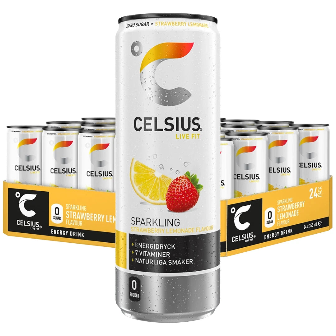24 x Celsius 355 ml Strawberry Lemonade i ett gult flak med vita burkar och frukttryck för energidryck.