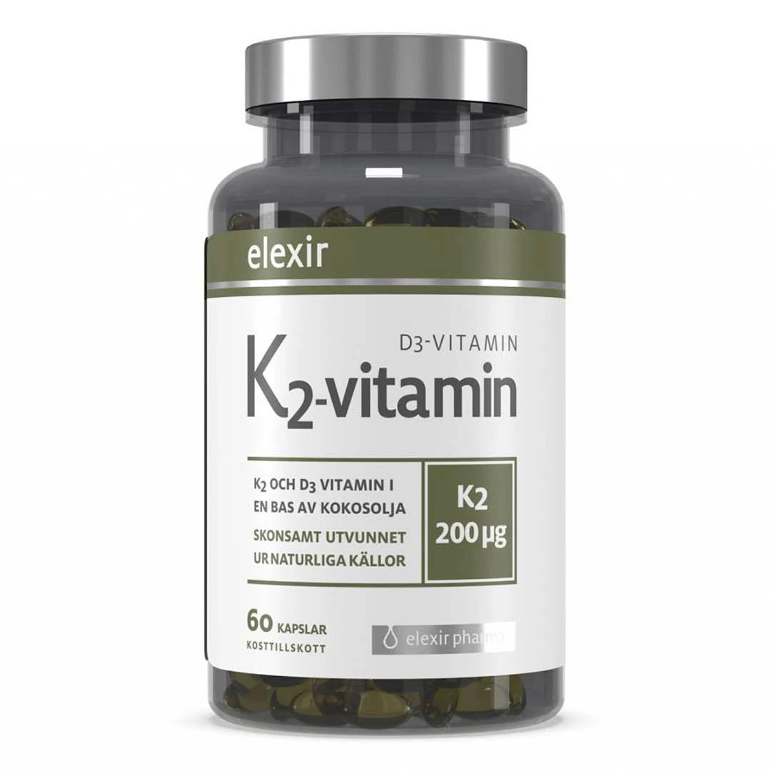 Elexir Pharma K2+D3 60 caps i en transparent burk med silverfärgat lock, vit etikett och olivgröna detaljer.