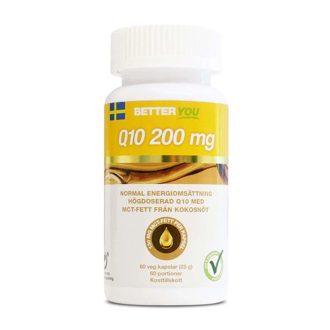 Better You Q10 200 mg 60 caps kosttillskott i en vit plastburk med gul och brun etikett.