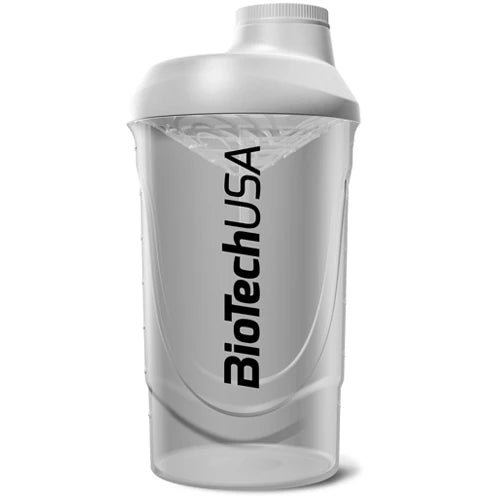 BiotechUSA Wave Shaker 600 ml i transparent plast med vitt lock och svart logotyp.