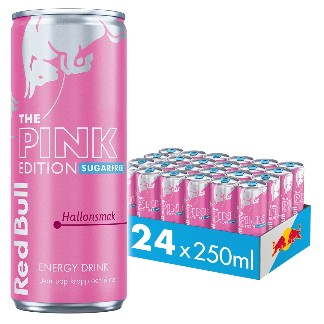24 x Red Bull Energidryck 250 ml Pink Edition - Hallon (Sockerfri) i ett blått flak med rosa burkar med silvriga detaljer.