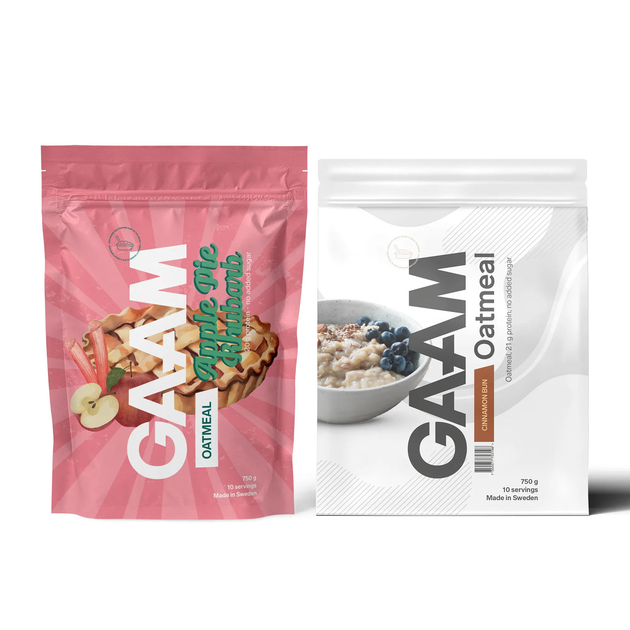 2 x GAAM Oatmeal 750 g proteingröt i en rosa och en vit påse för smakerna Apple Pie Rhubarb och Cinnamon Bun.