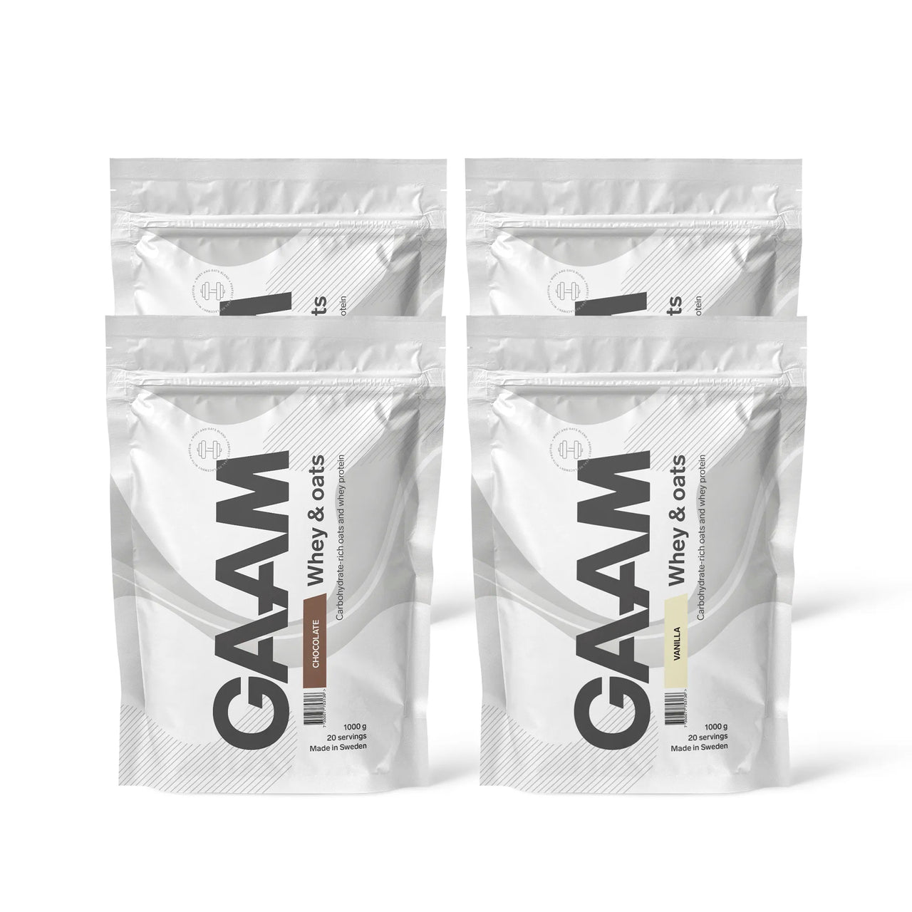 4 x GAAM Whey & Oats 1 kg proteinpulver i fyra vita påsar, varav två med chokladsmak och två med vaniljsmak.
