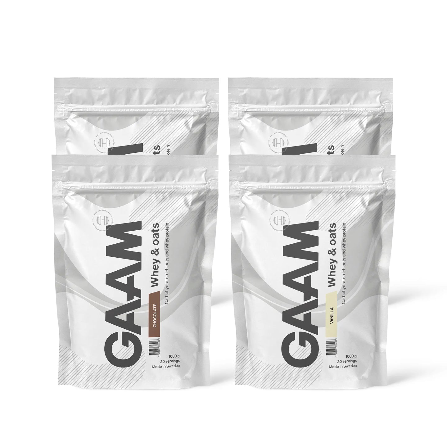 4 x GAAM Whey & Oats 1 kg proteinpulver i fyra vita påsar, varav två med chokladsmak och två med vaniljsmak.