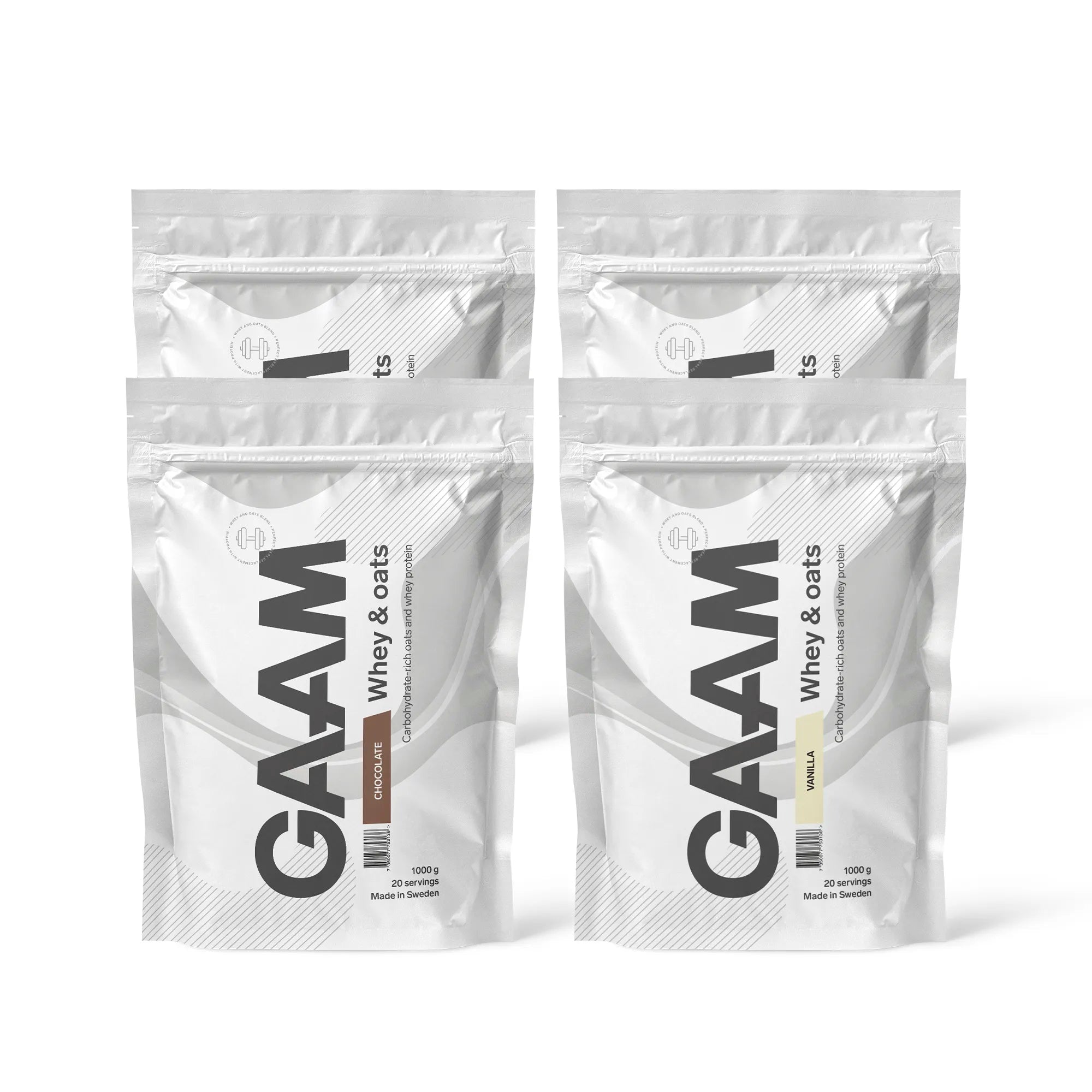 4 x GAAM Whey & Oats 1 kg proteinpulver i fyra vita påsar, varav två med chokladsmak och två med vaniljsmak.