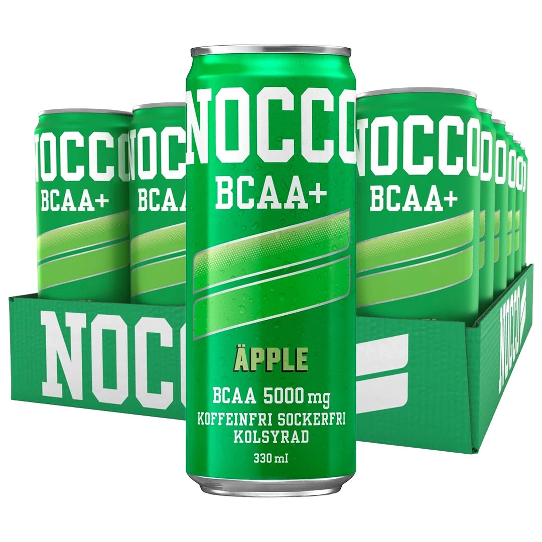 24 x NOCCO BCAA + 330 ml Äpple (Koffeinfri) i ett grönt flak med matchande gröna burkar och vit text för äppelsmak.