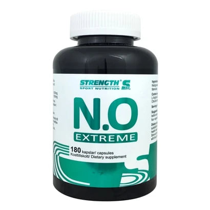 Svart plastburk med Strength N.O Extreme 180 caps prestationshöjare och grönvit etikett.