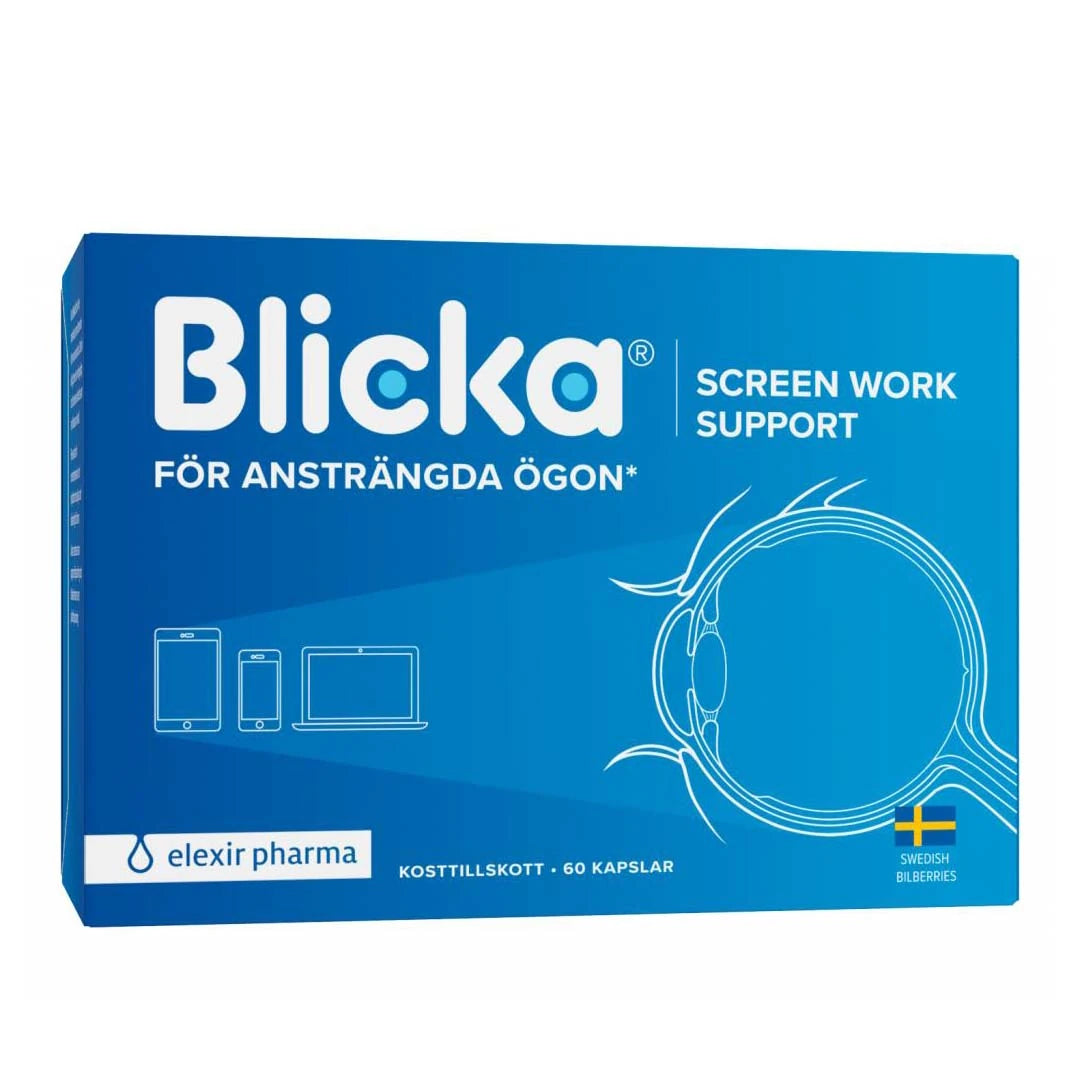 Elexir Pharma Blicka 60 caps i en blå ask, framtagen för att lindra trötta och ansträngda ögon.