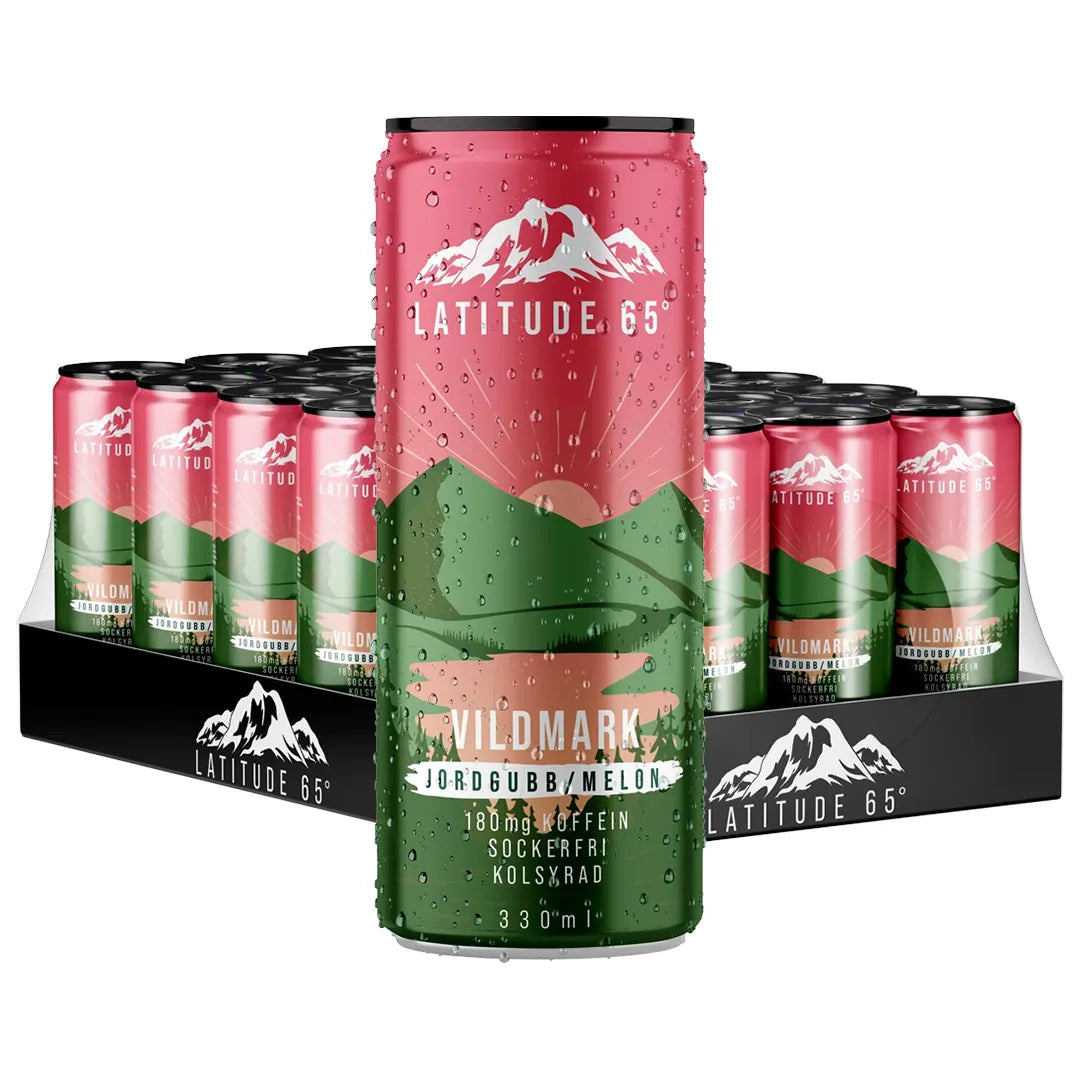 24 x Latitude 65 330 ml Vildmark - Jordgubb & Melon i ett svart flak med rosa och gröna burkar.