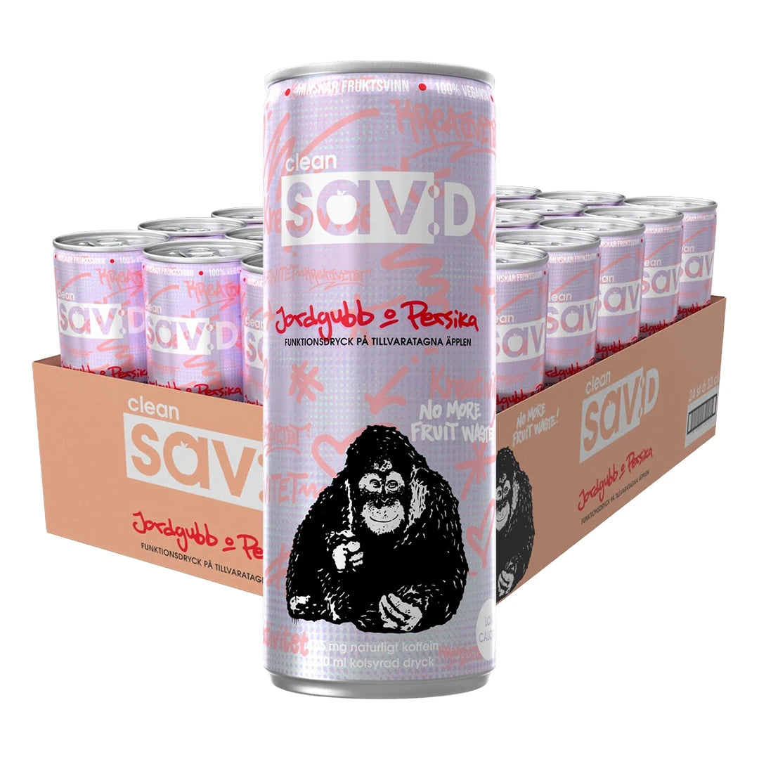 24 x Clean Sav:D 330 ml Kreativ - Jordgubb/Persika i ett ljusbrunt flak fyllt med rosa burkar med en svart apillustration.