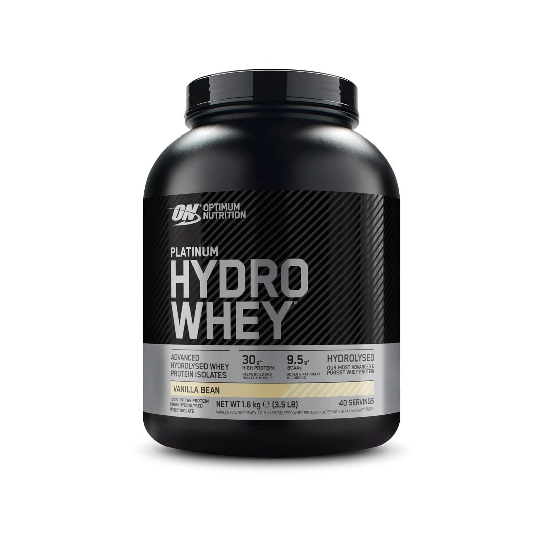 Optimum Nutrition Platinum Hydro Whey 1.6 kg proteinpulver i en svart burk med silvriga detaljer för smaken Vanilla Bean., bild 3 av 3