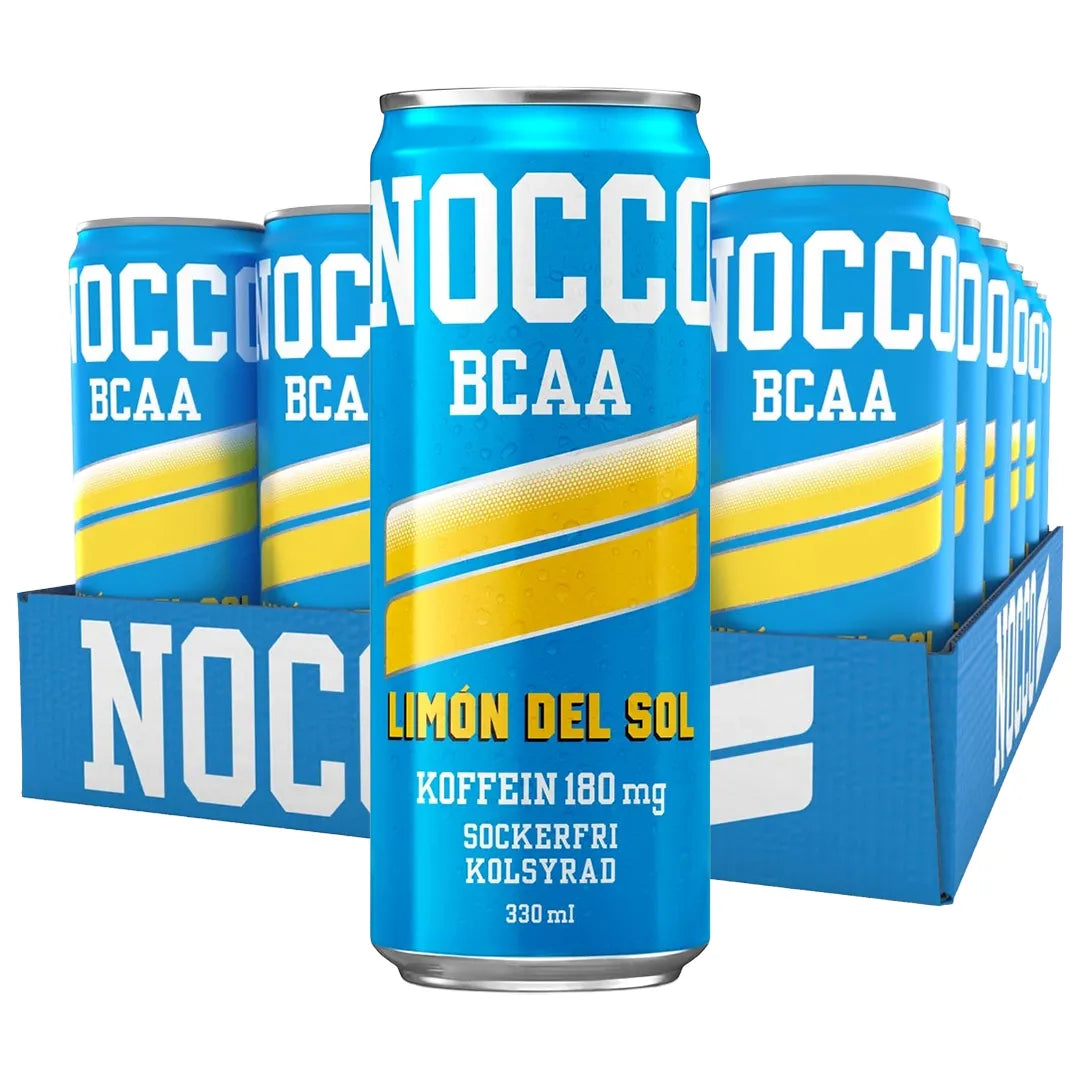 24 x NOCCO BCAA 330 ml Limon del Sol i ett blått flak med ljusblåa och gula burkar.