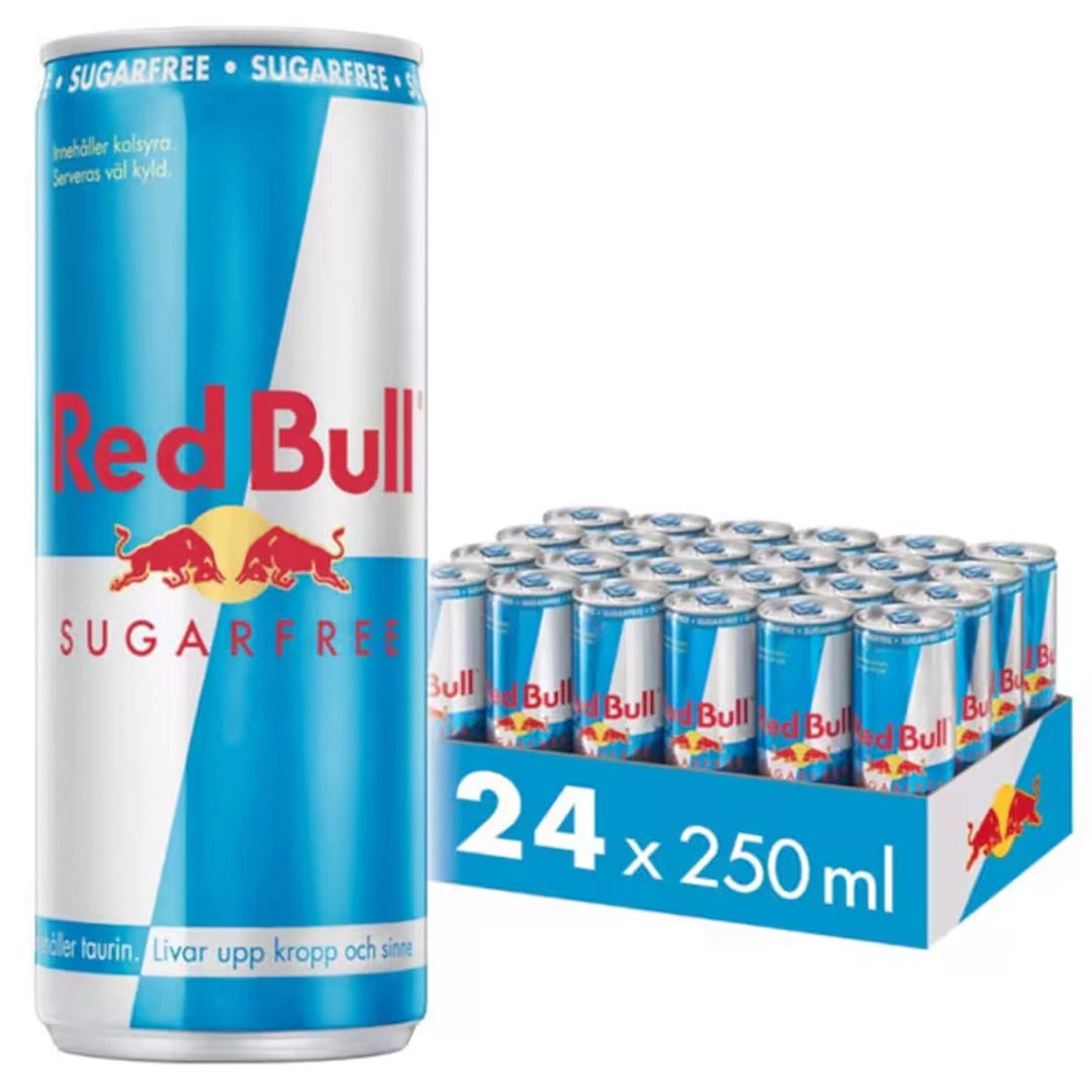 24 x Red Bull Energidryck 250 ml Sockerfri i ett flak med ljusblå och silvriga burkar med röd text.