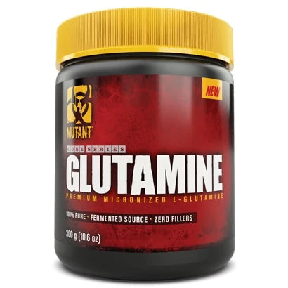 Mutant Nutrition Glutamine 300 g aminosyror i en svart burk med röd etikett och gult lock.