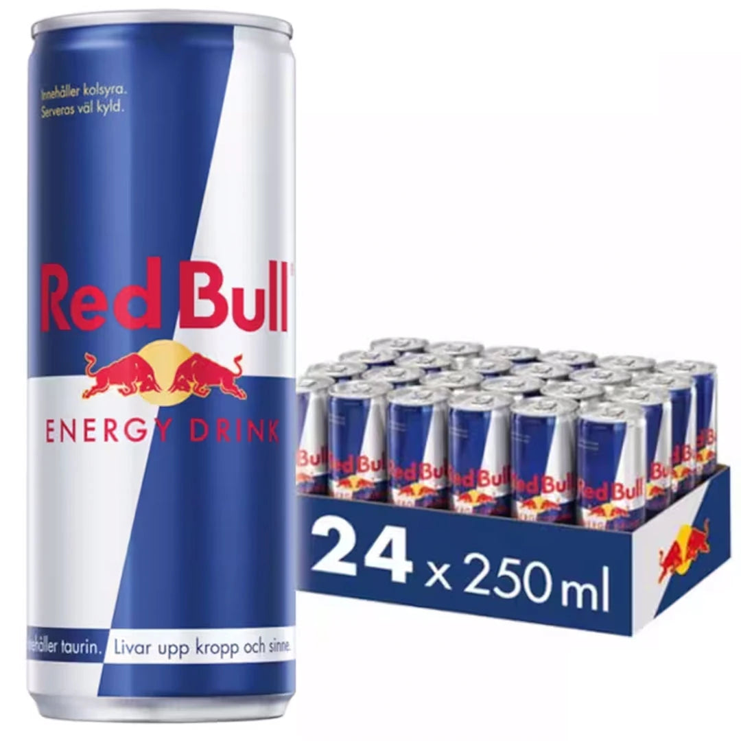 24 x Red Bull Energidryck 250 ml Original i ett klassiskt blått och silvrigt flak med matchande burkar.