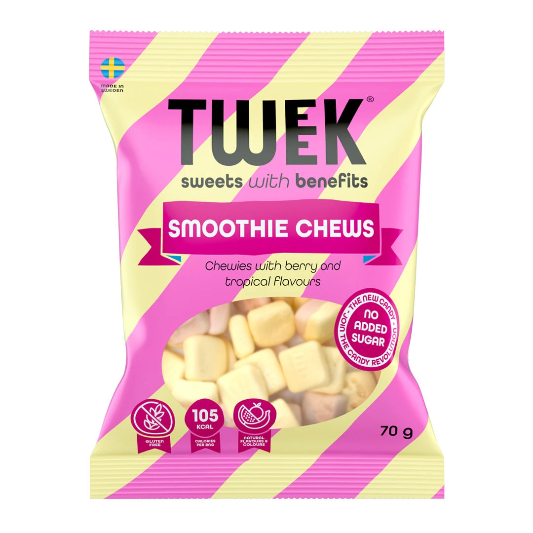 Tweek Sweets 70 g godis i en rosa och gulrandig påse för smaken Smoothie Chews., bild 5 av 5