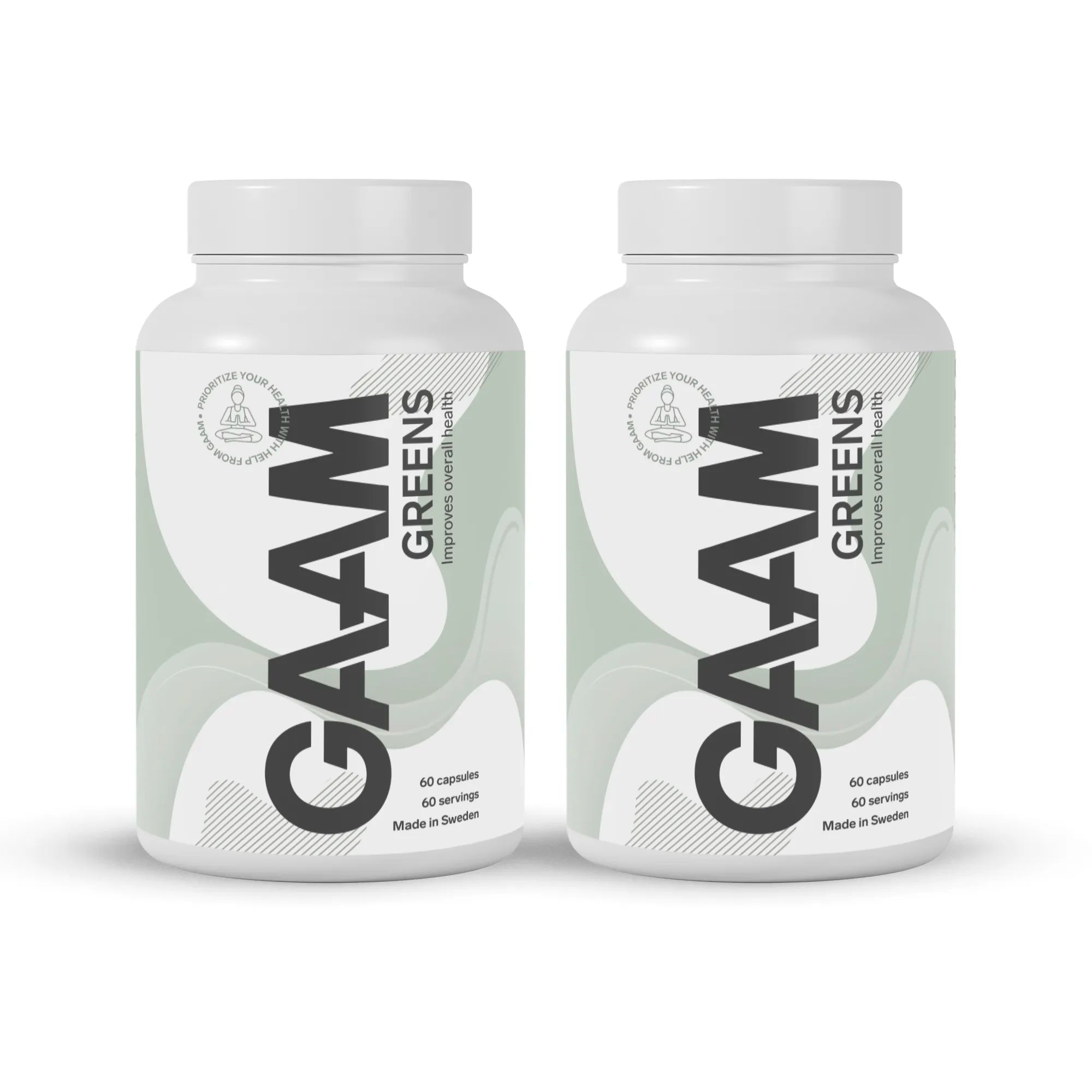 2 x GAAM Greens 60 Caps kosttillskott i två vita burkar med ljusgrön etikett och svarta detaljer.