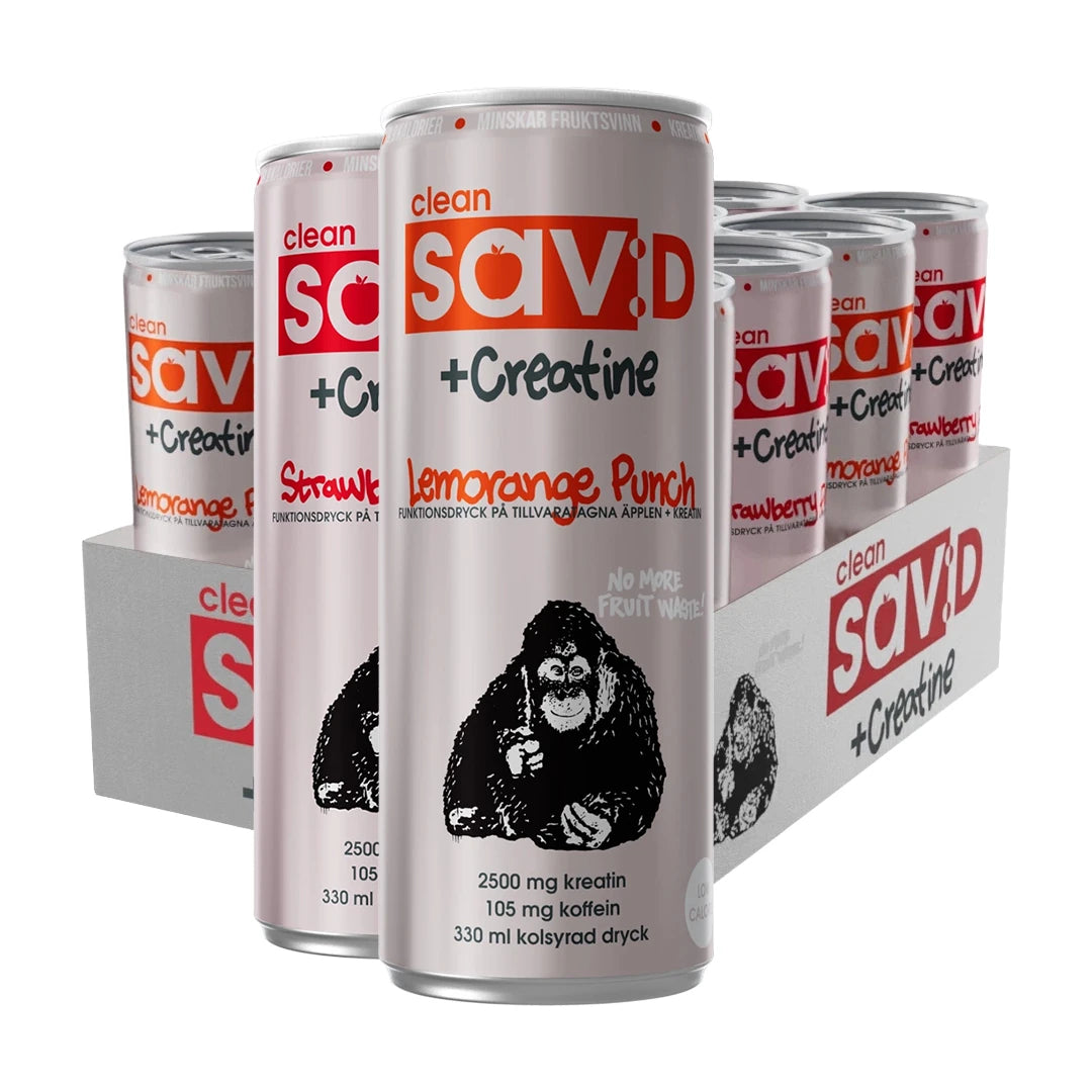 12 x Clean sav:D PLUS 330 ml Mixflak i en grå kartong med silvervita burkar, röd text och gorillamotiv för olika smaker.