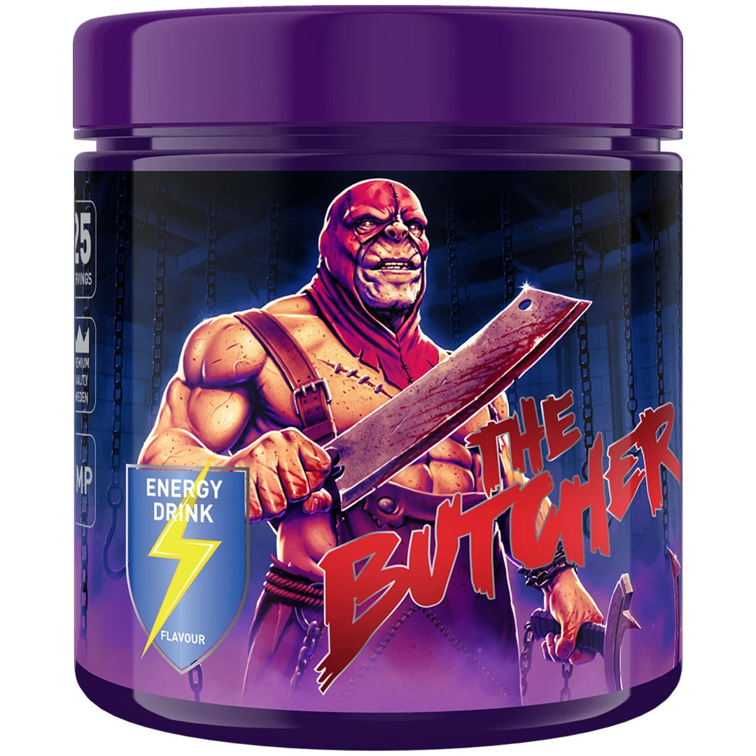 Swedish Supplements The Butcher 425 g PWO-pulver i en lila burk med ett illustrerat motiv för smaken Energy Drink., bild 2 av 5