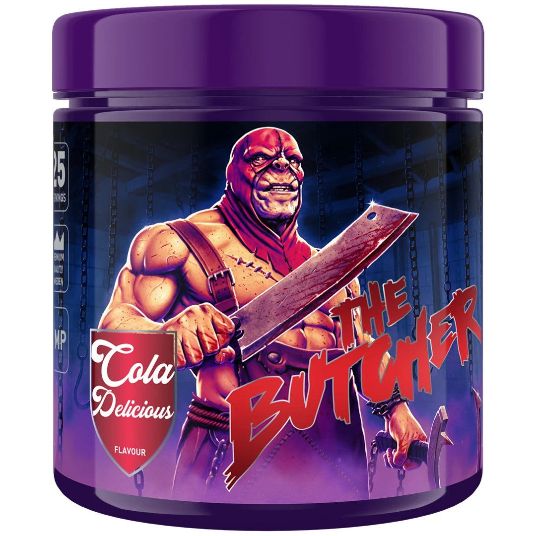 Swedish Supplements The Butcher 425 g PWO-pulver i en lila burk med motiv av en slaktare för smaken Cola Delicious., bild 3 av 5