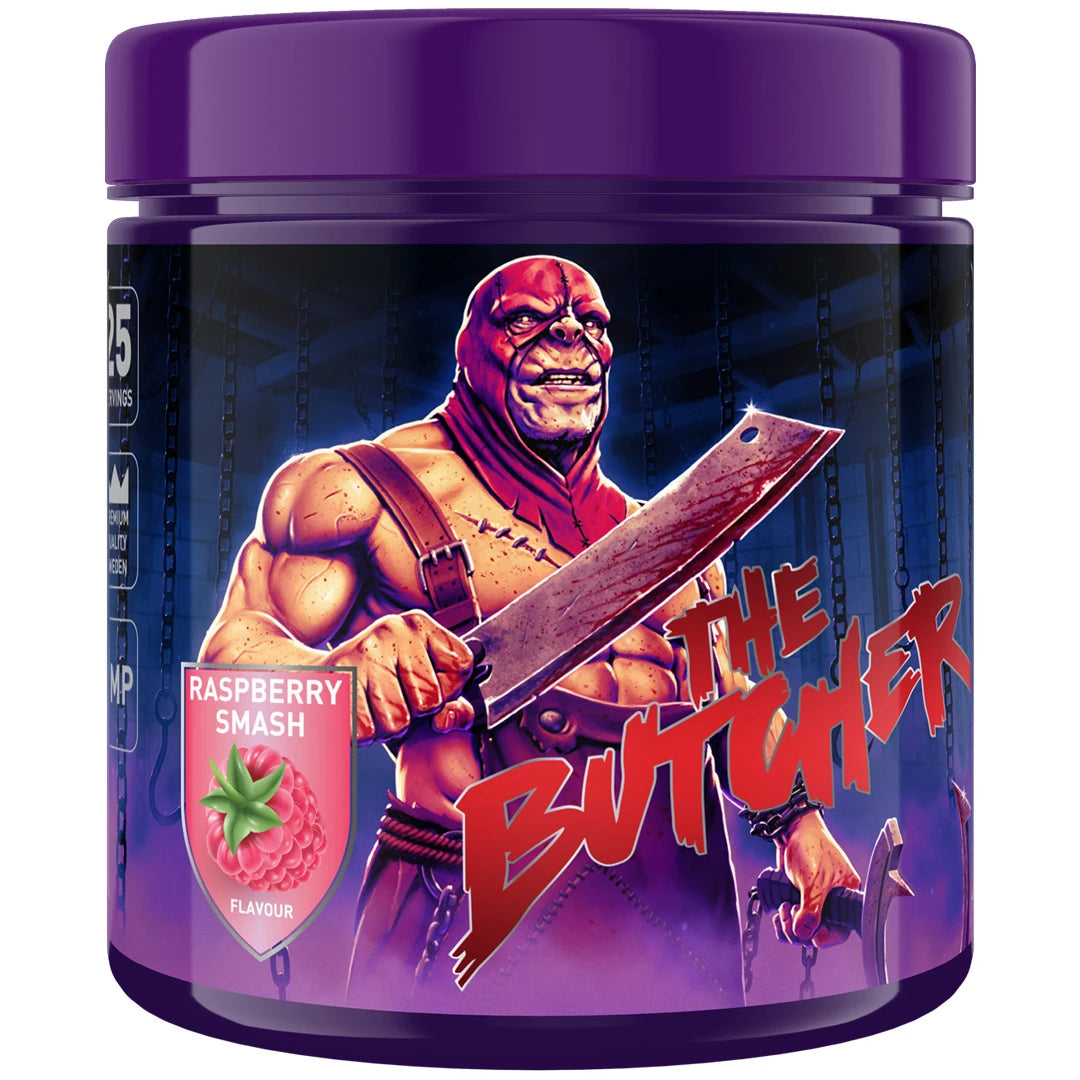 Swedish Supplements The Butcher 425 g PWO-pulver i en lila burk med mörk etikett för smaken Raspberry Smash., bild 4 av 5
