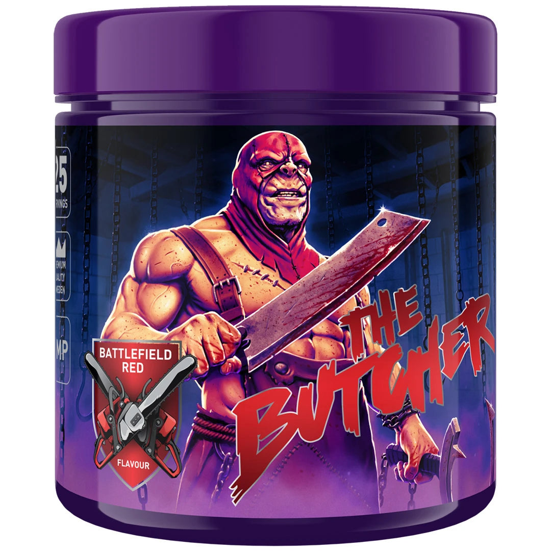 Swedish Supplements The Butcher 425 g pre-workout i en lila burk med en muskulös figur och smak av Battlefield Red.