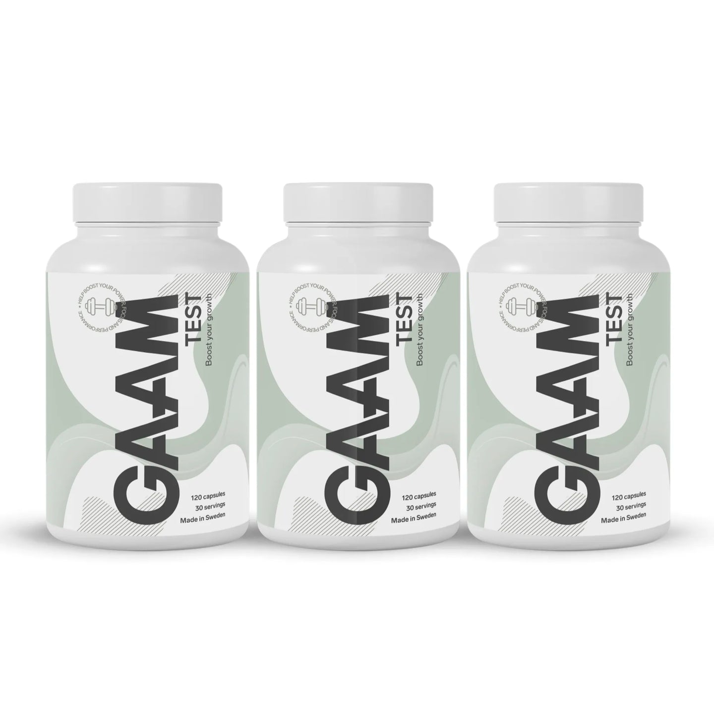 GAAM TEST 360 caps prestationshöjare i tre vita plastburkar med ljusgröna mönster och svarta detaljer.