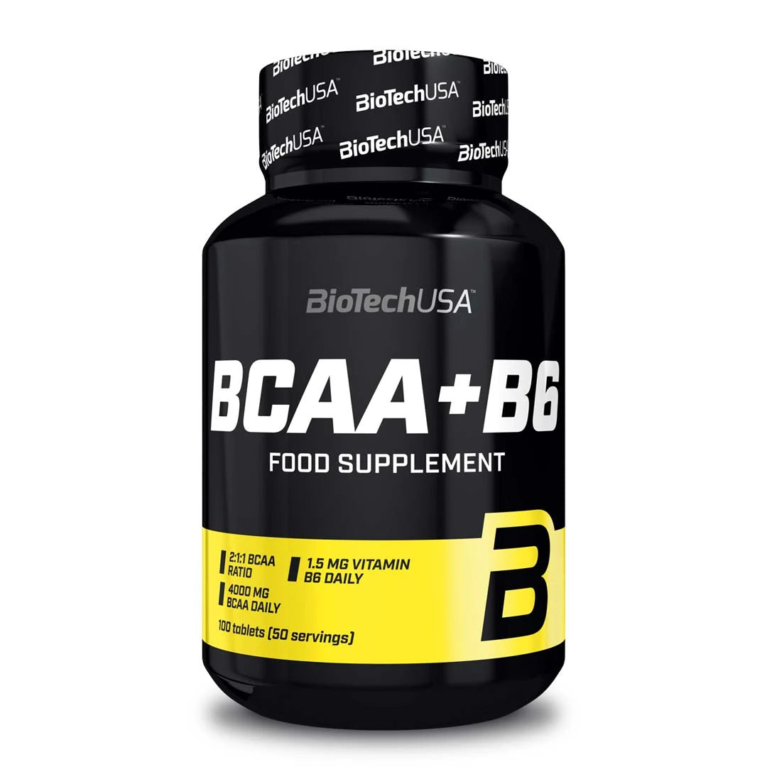 BioTechUSA BCAA+ B6 340 caps aminosyror i en svart burk med vit text och gula designdetaljer.