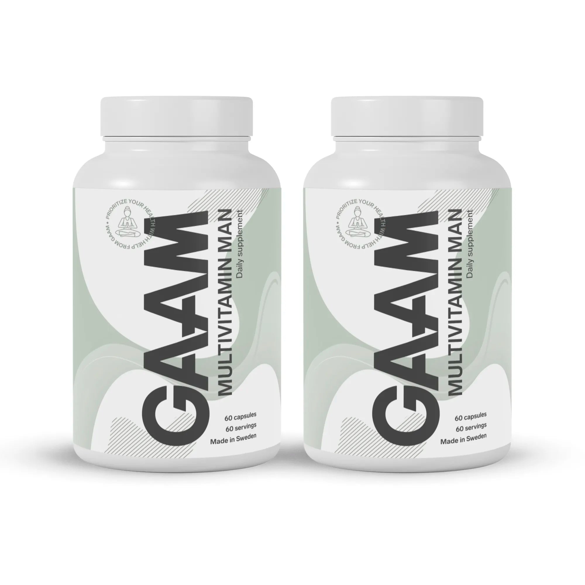 2 x GAAM Multivitamin Man 60 caps i två vita burkar med grå och ljusgröna detaljer på etiketten.