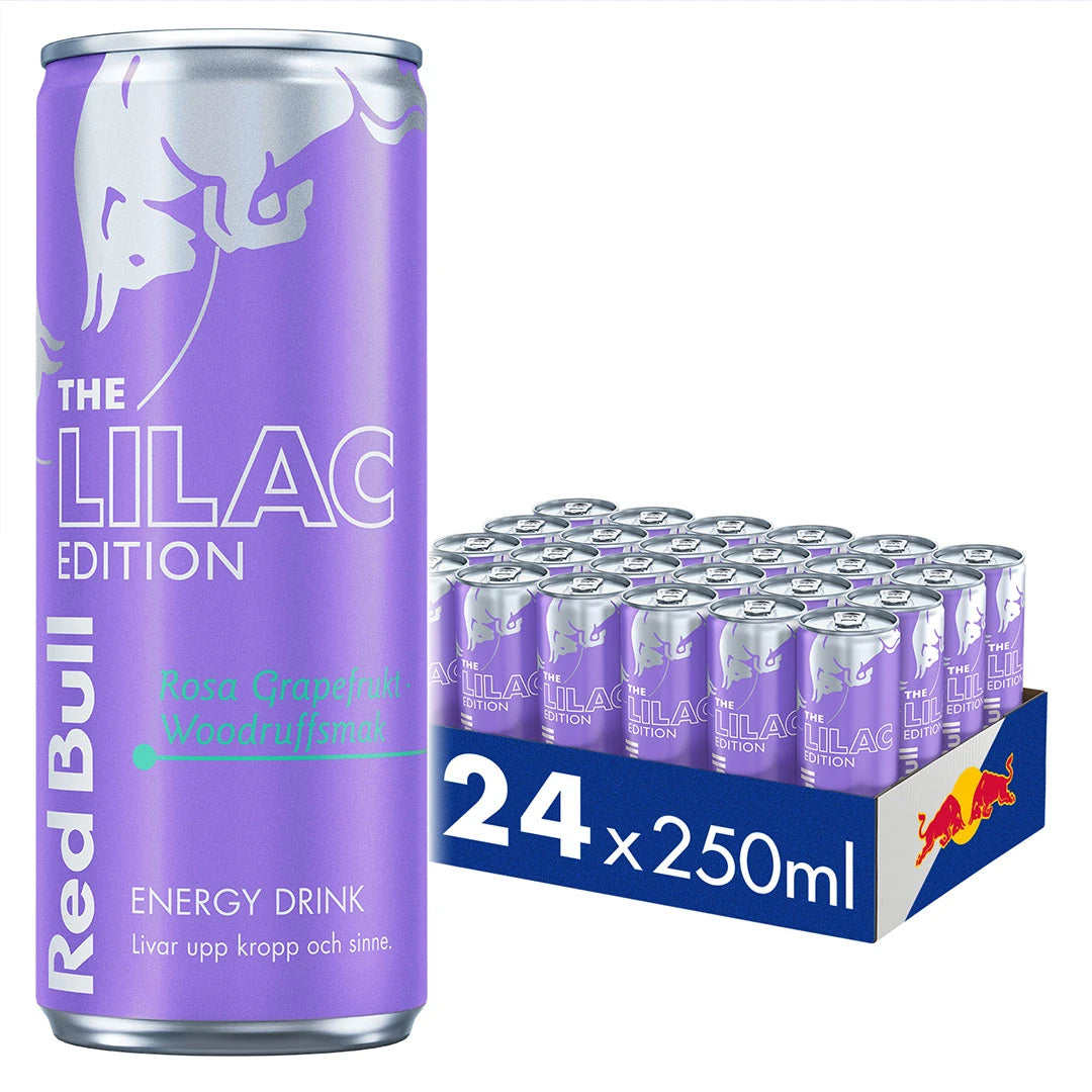 24 x Red Bull Energidryck 250 ml Lilac Edition - Rosa Grapefrukt i ett flak med matchande lila burkar.