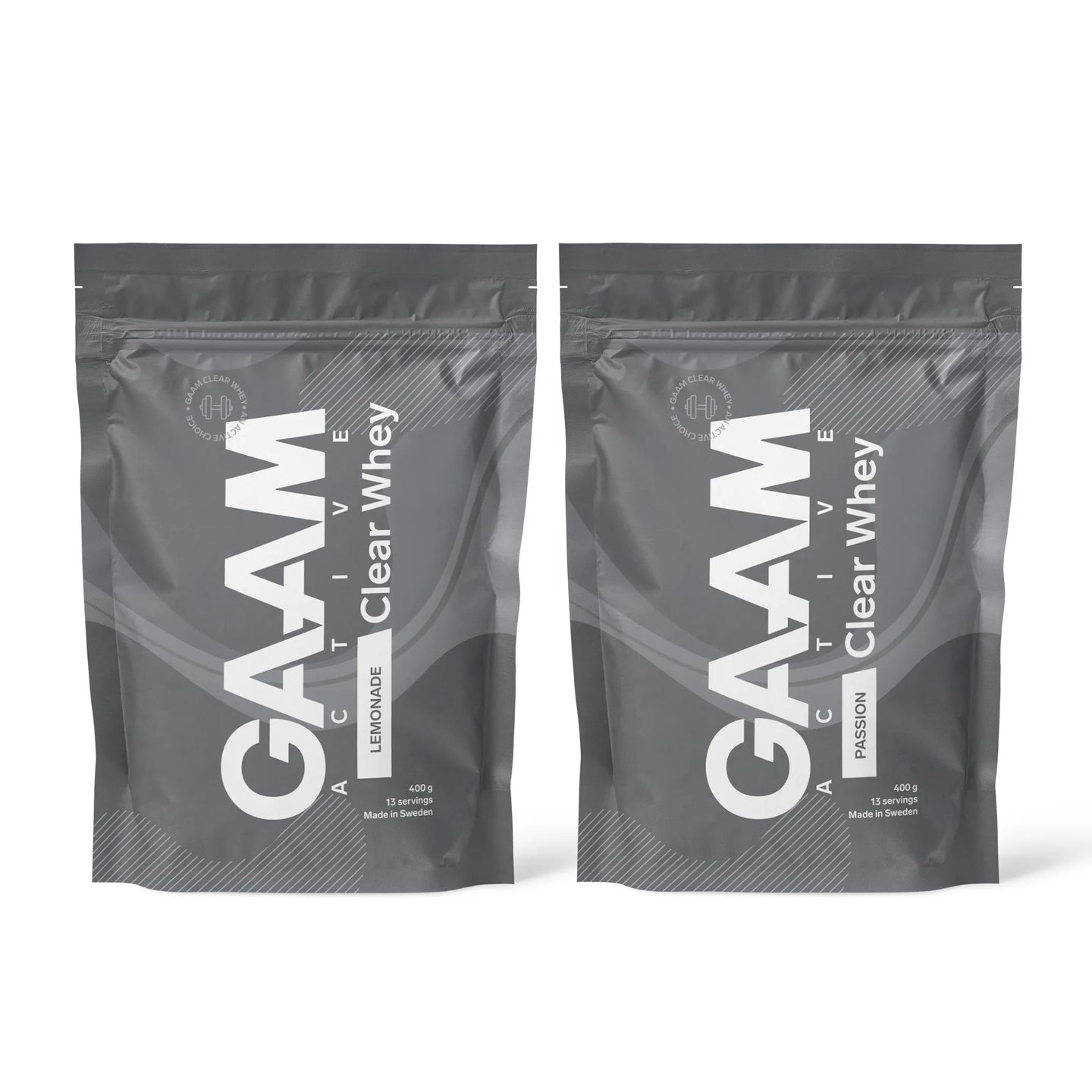 2 x GAAM Active Clear Whey Proteinpulver 400 g i två mörkgråa påsar för smakerna Lemonade och Passion.