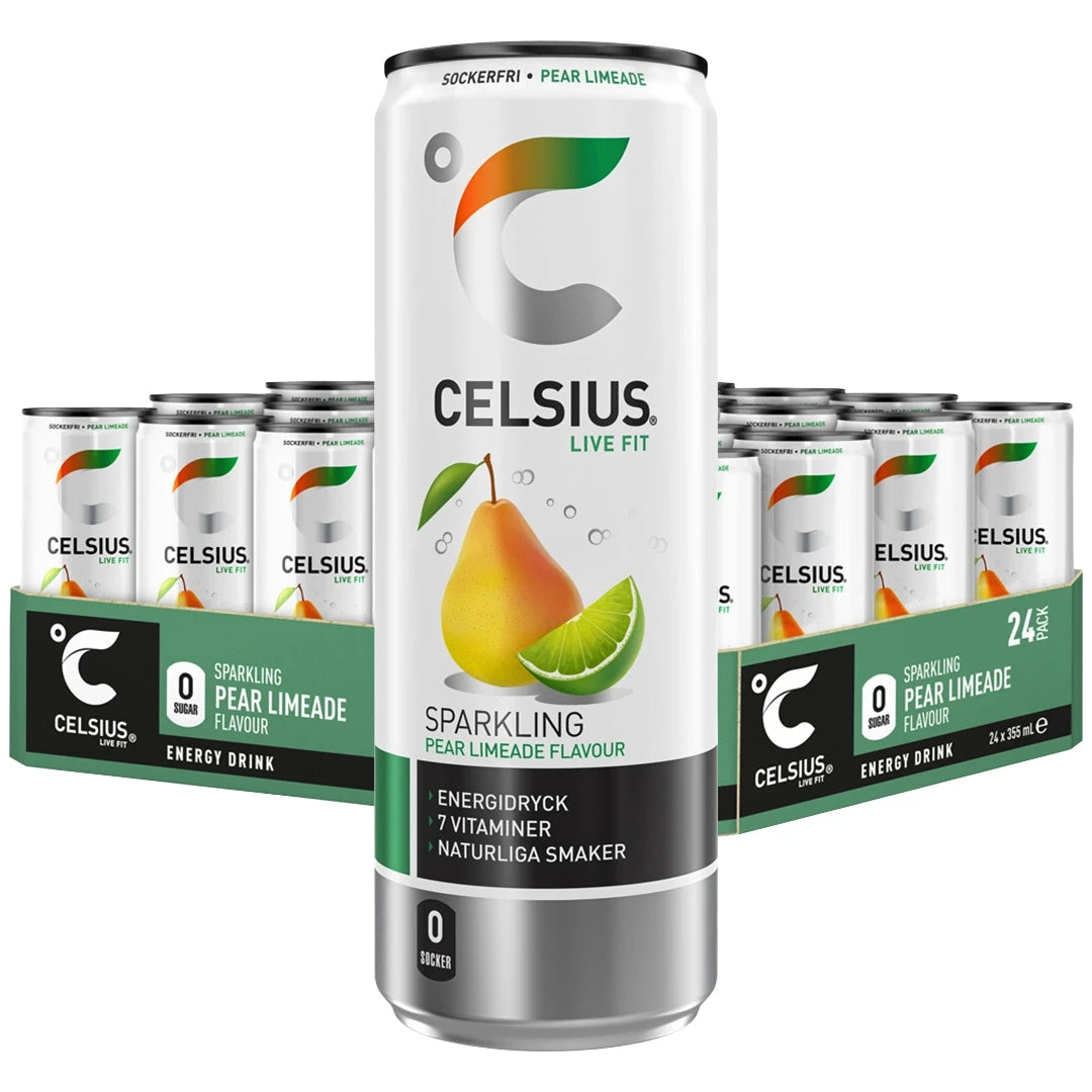 24 x Celsius 355 ml Pear Limeade i ett grönt flak med vita energidrycksburkar med motiv av päron och lime.
