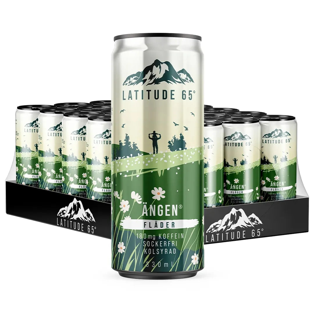 24 x Latitude 65 330 ml Ängen - Fläder i ett svart flak fyllt av burkar med grön och beige naturdesign.