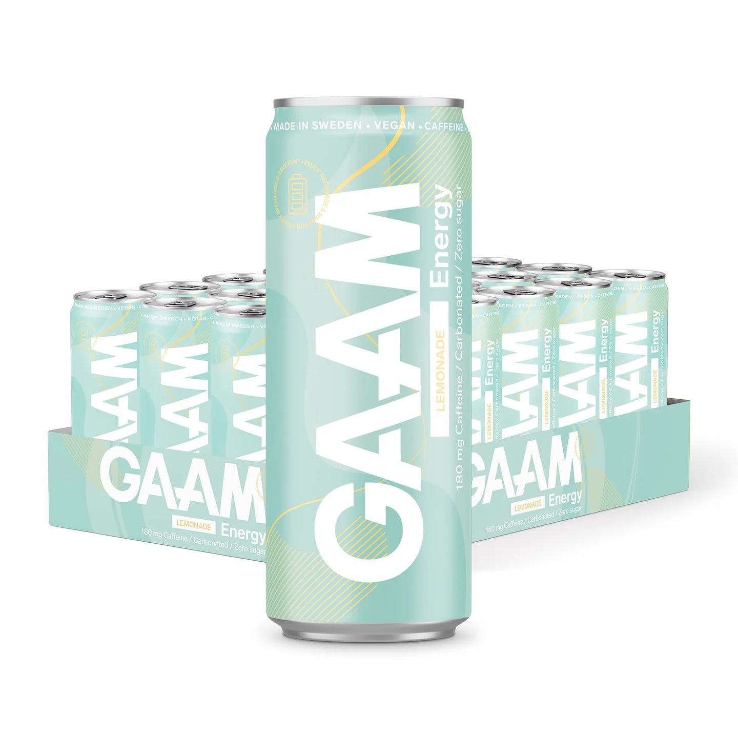 24 x GAAM Energy 330 ml Lemonade i ett ljusgrönt flak med burkar i matchande färg och vita detaljer.