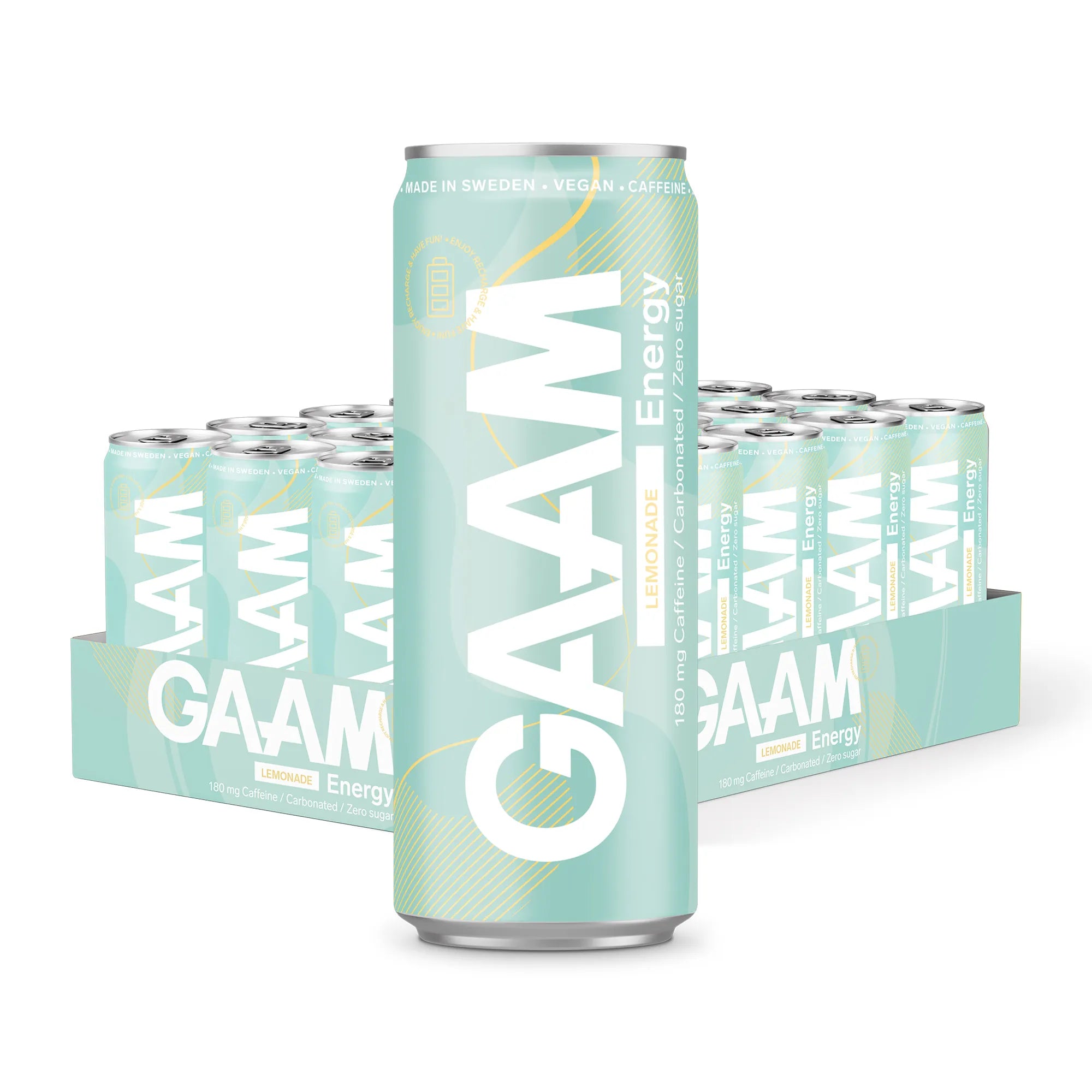 24 x GAAM Energy 330 ml Lemonade i ett ljusgrönt flak med burkar i matchande färg och vita detaljer.