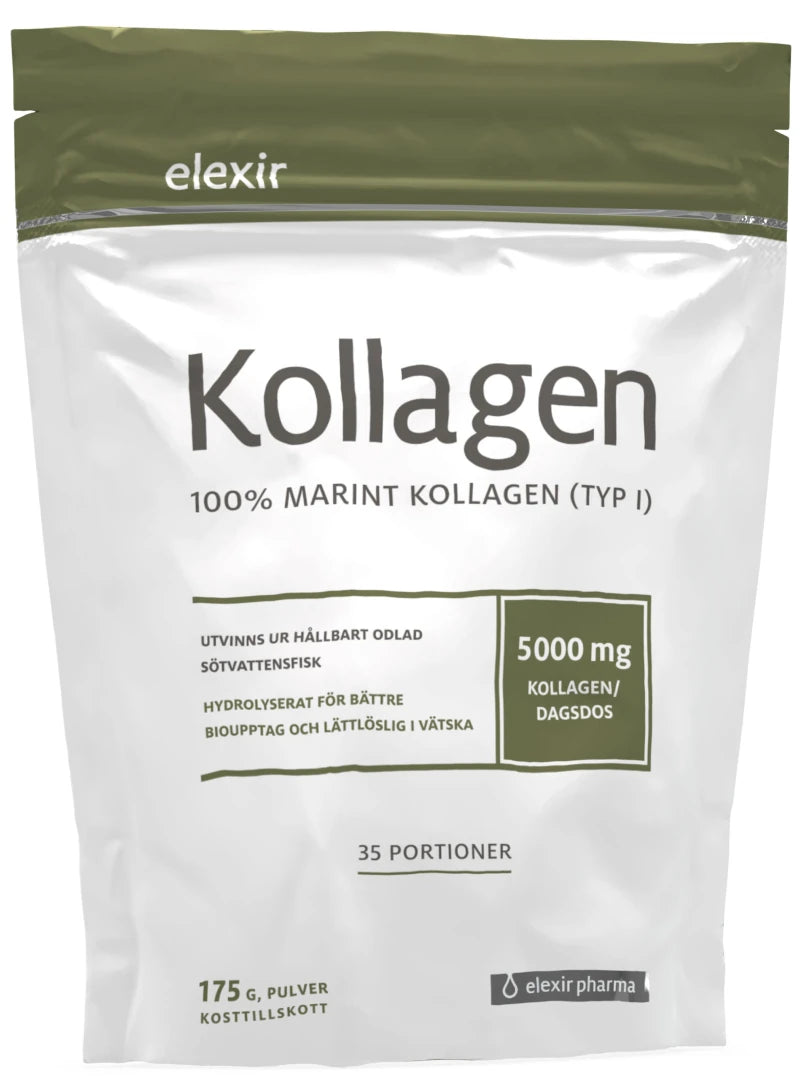 Elexir Pharma Marint Kollagen 175 g pulverförpackning i en vit påse med olivgröna detaljer.
