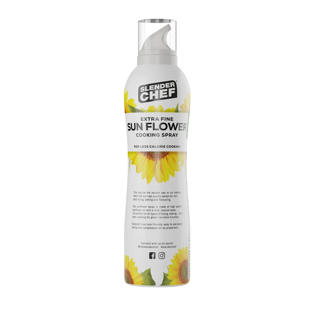 Slender Chef Cooking Spray 200 ml matlagningsspray, vit flaska med gula solrosor för smaken Sunflower Oil.