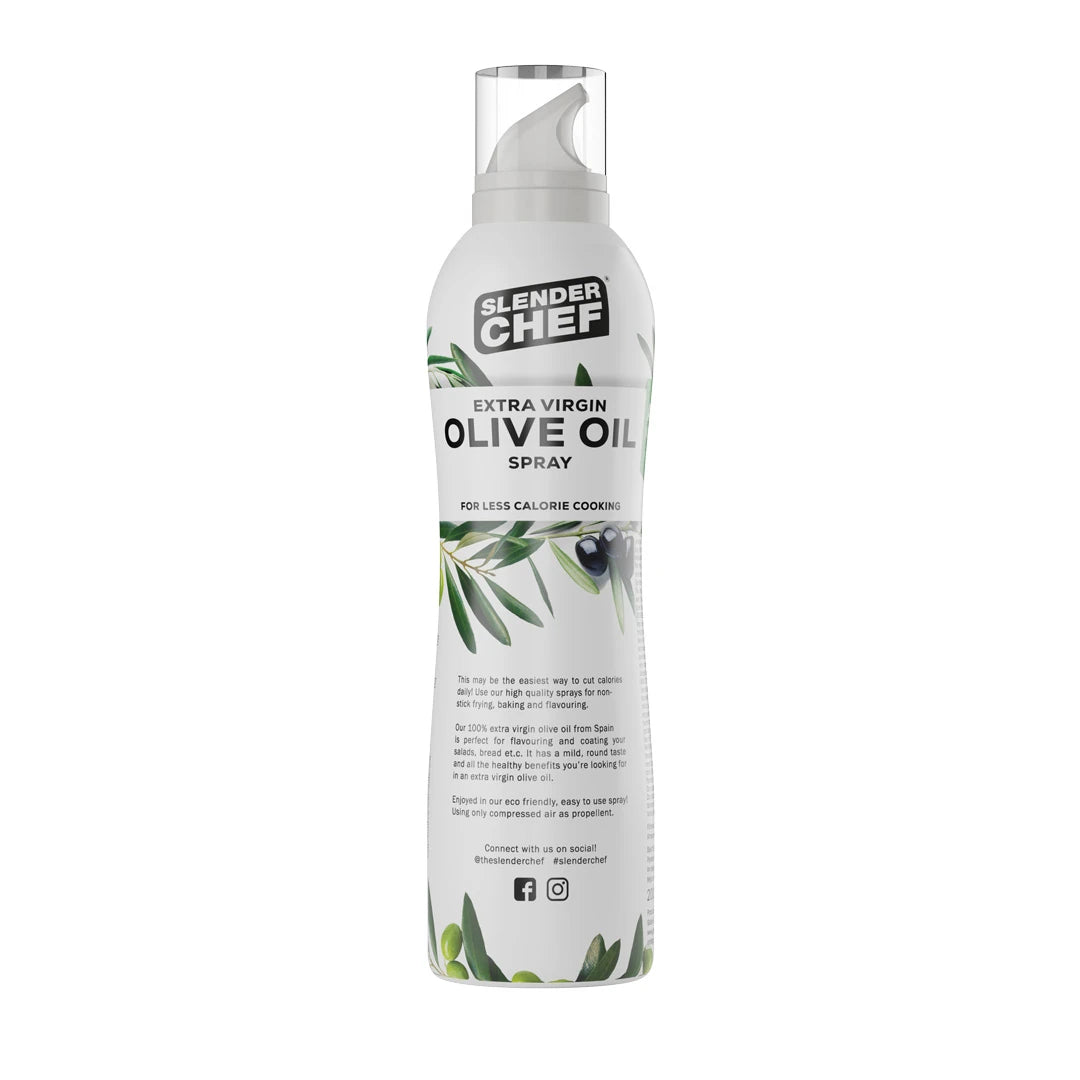 Slender Chef Cooking Spray 200 ml i en vit flaska med olivmotiv för varianten Olive Oil.